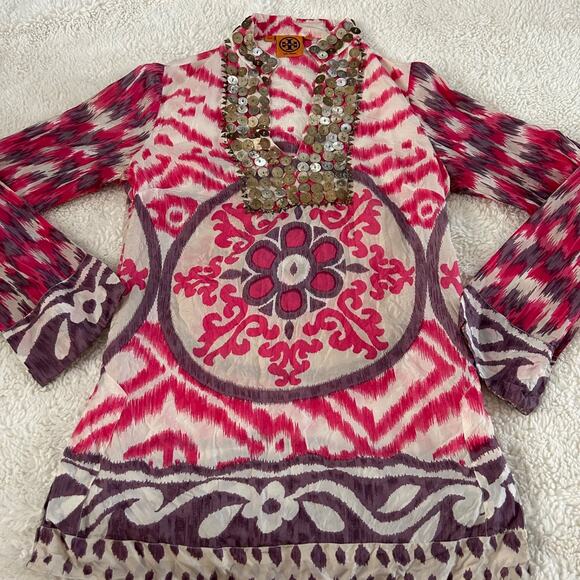 Tory Burch 100% Silk Tunic V-Neck Purple/Pink Ikat Print Sz 2 Indie Art Core Gir - Picture 2 of 9